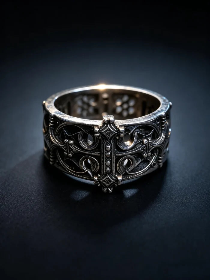 Sanctum Tracery Ring, wide pierced sterling silver band with raised cross, front view