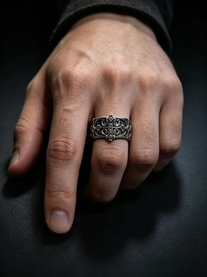 Sanctum Tracery Ring worn on hand, chunky Gothic thumb ring