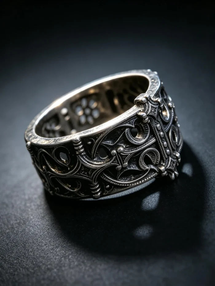 Sanctum Tracery Ring angled view showing deep pierced Gothic tracery