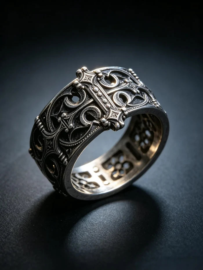 Sanctum Tracery Ring worn on hand, wide oxidized silver alternative wedding band