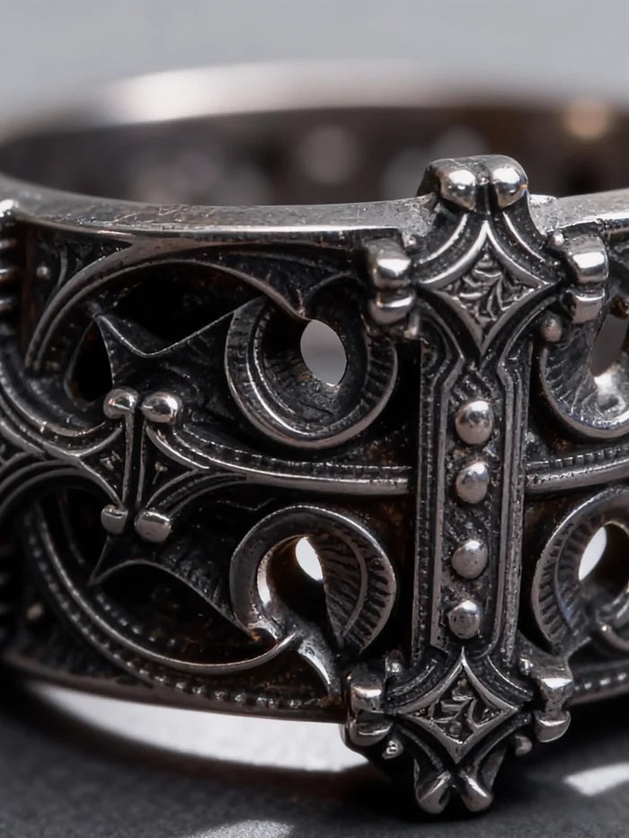 Sanctum Tracery Ring close-up, cruciform centerpiece and pierced tracery detail