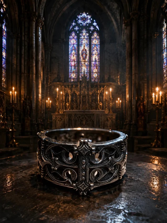 Sanctum Tracery Ring styled with candlelight, oxidized silver Gothic band