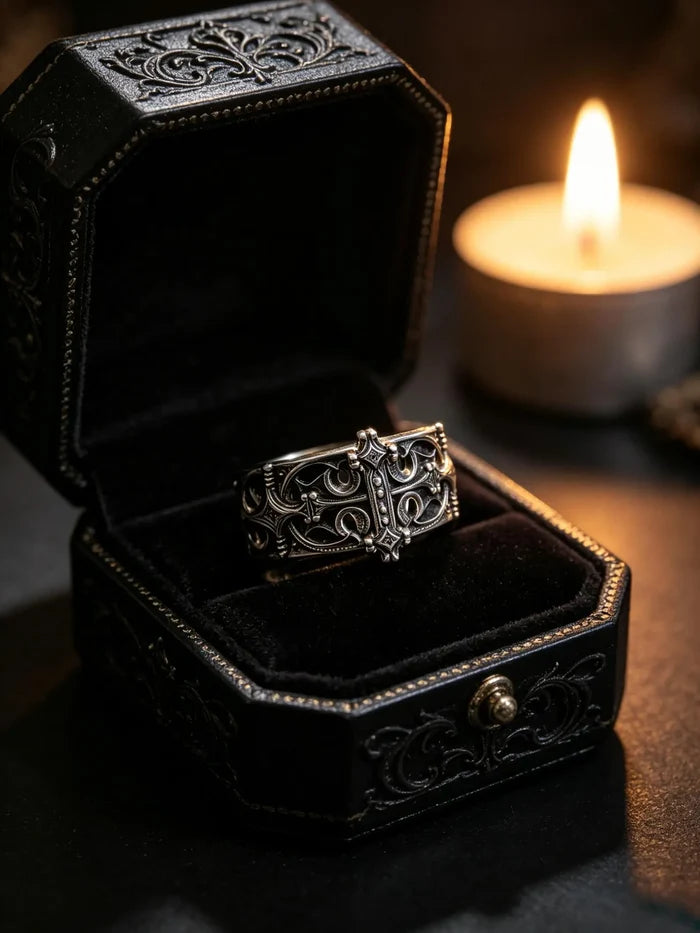 Sanctum Tracery Ring displayed in an ornate black ring box beside a candle