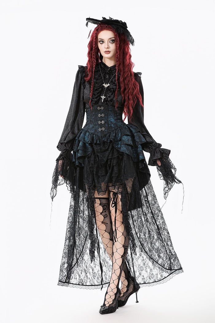 blue and black womens long ruffled corset skirt