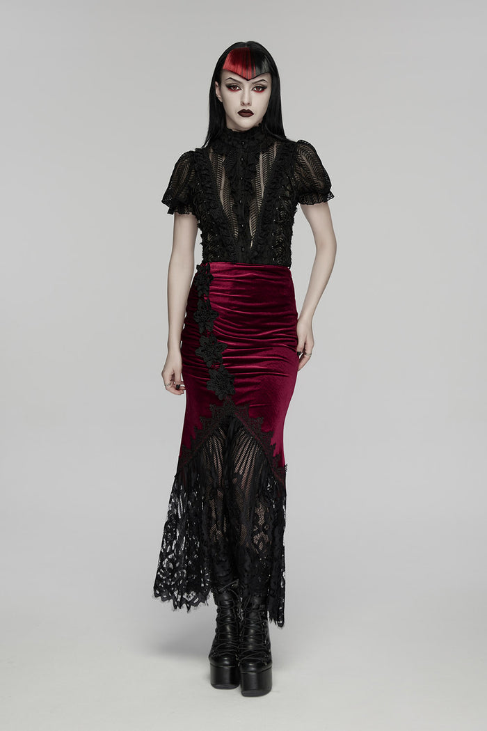 ruched dark red velvet skirt