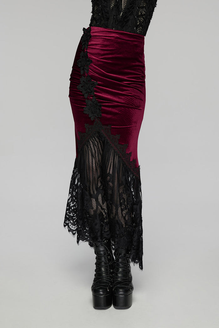 dark red velvet skirt with lace hem