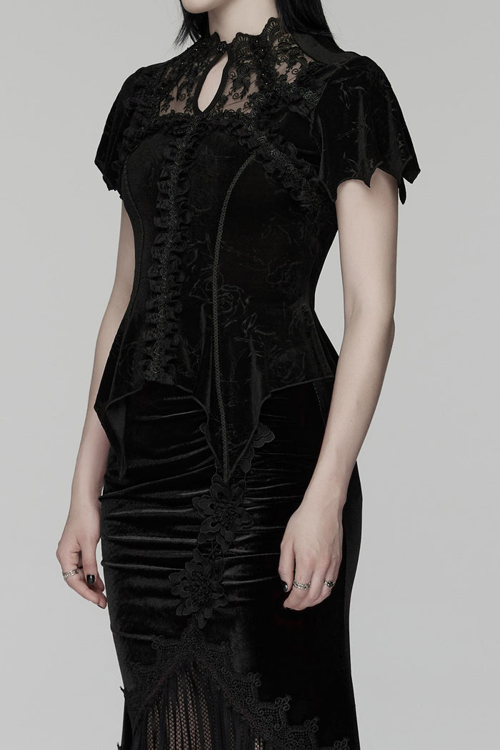 lace-up beaded black velvet chest keyhole cutout top