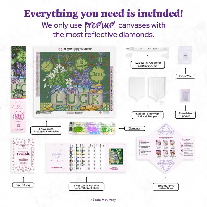 Diamond Painting Shamrock Jars 20" x 17" (50.6cm x 42.7cm) / Round with 48 Colors including 1 AB and 1 Electro Diamond and 3 Fairy Dust Diamonds / 28,520