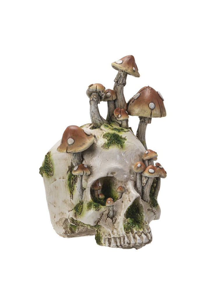 hand-painted witchy cottagecore skull and mushrooms statue by pacific giftware