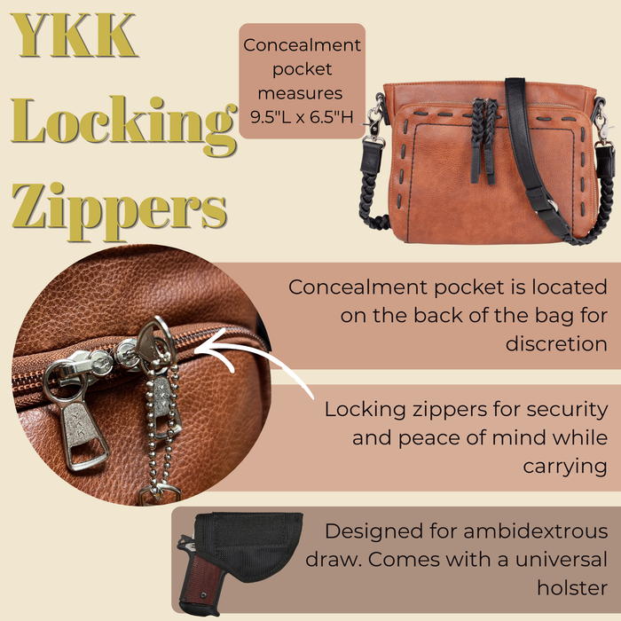 Skylar Concealed Carry Crossbody Organizer — Lightweight Faux Leather Purse with RFID Wallet, Ambidextrous YKK Locking Zippers & Universal Holster