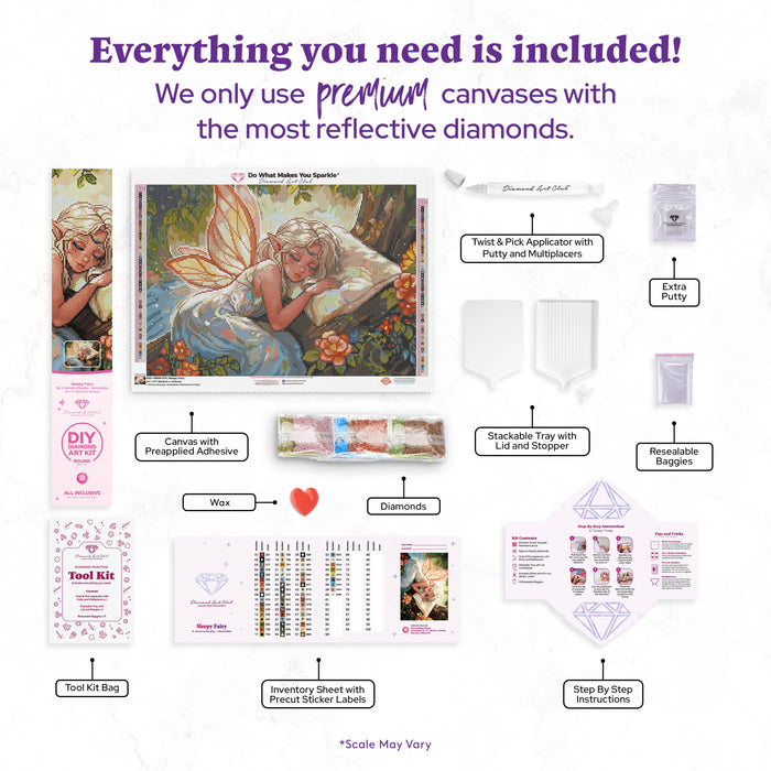 Diamond Painting Sleepy Fairy 24" x 17" (60.8cm x 42.9cm) / Round with 60 Colors including 1 AB and 7 Fairy Dust Diamonds / 34,476