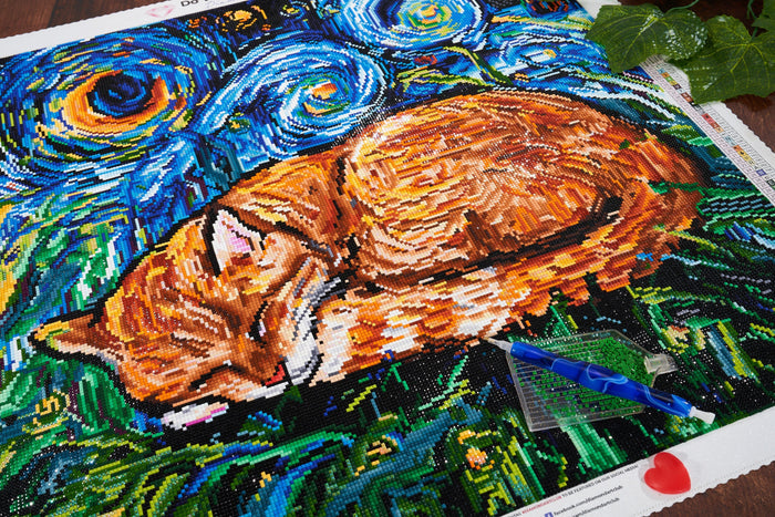 Diamond Painting Sleepy Orange Tabby Night 23.6" x 23.6" (60cm x 60cm) / Square with 53 Colors including 5 AB / 57,600