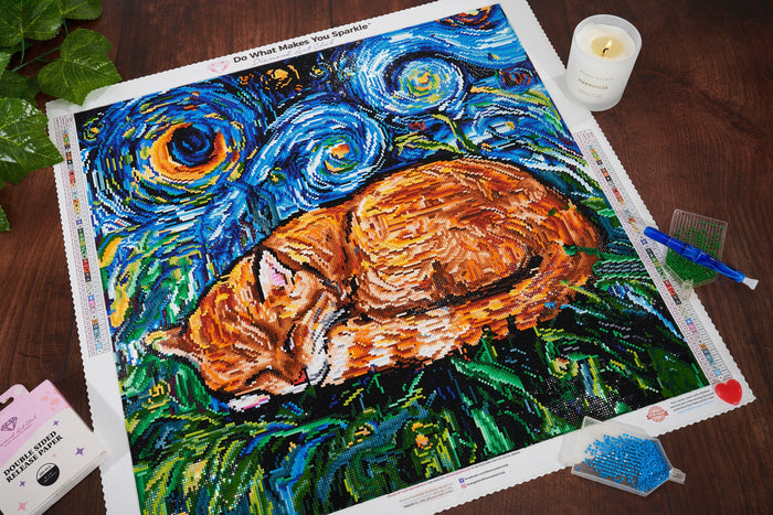 Diamond Painting Sleepy Orange Tabby Night 23.6" x 23.6" (60cm x 60cm) / Square with 53 Colors including 5 AB / 57,600