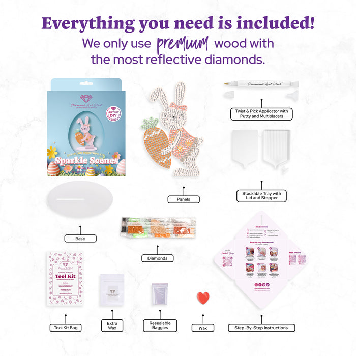 Diamond Painting Sparkle Scenes - Spring Bunny 5.5" x 3.5" x 1.9" (14cm x 9cm x 5cm) / Round with 9 Colors Including 2 Fairy Dust Diamonds and 2 Special Diamonds / 628