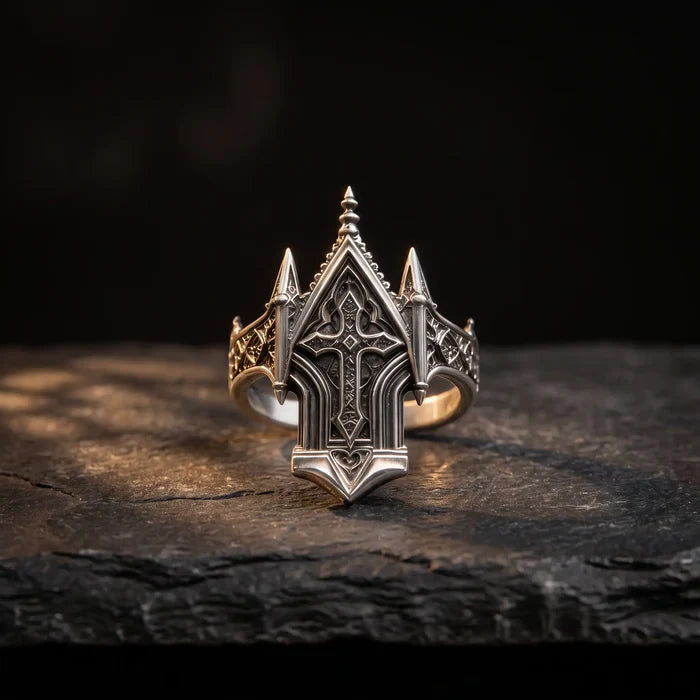 Spire Cross Ring, sterling silver Gothic cathedral spire and cross, front view on stone