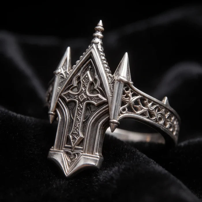 Spire Cross Ring close-up side angle, carved quatrefoil relief on the shoulders