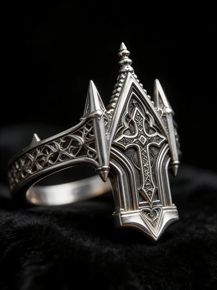 Spire Cross Ring detail, carved Gothic cross and pointed spires