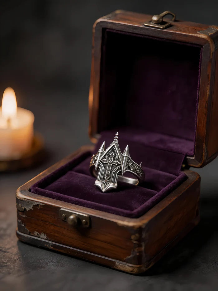 Spire Cross Ring, oxidized sterling silver spire detail close-up