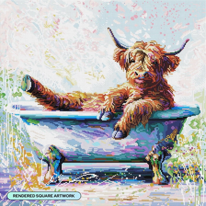 Diamond Painting Splish Splash Baby Highland Cow 22" x 22" (55.8cm x 55.8cm) / Square with 69 Colors including 3 ABs and 3 Fairy Dust Diamonds / 50,176