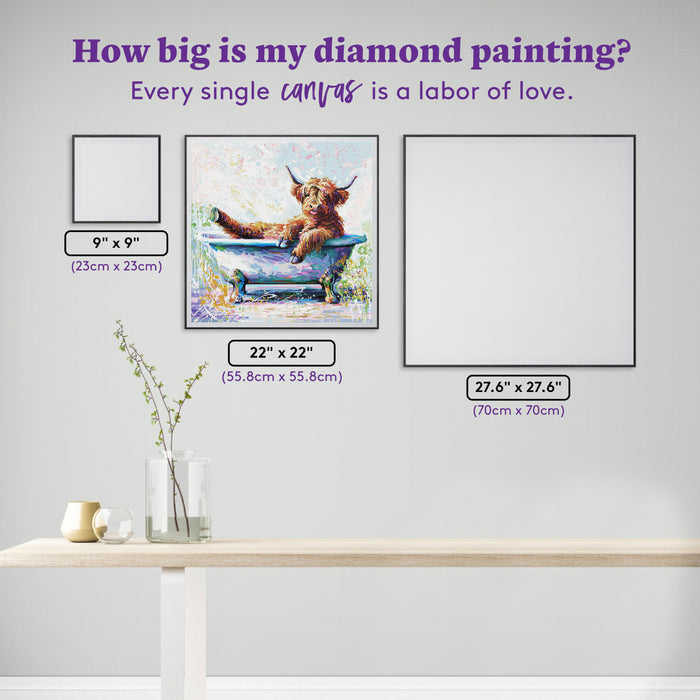 Diamond Painting Splish Splash Baby Highland Cow 22" x 22" (55.8cm x 55.8cm) / Square with 69 Colors including 3 ABs and 3 Fairy Dust Diamonds / 50,176