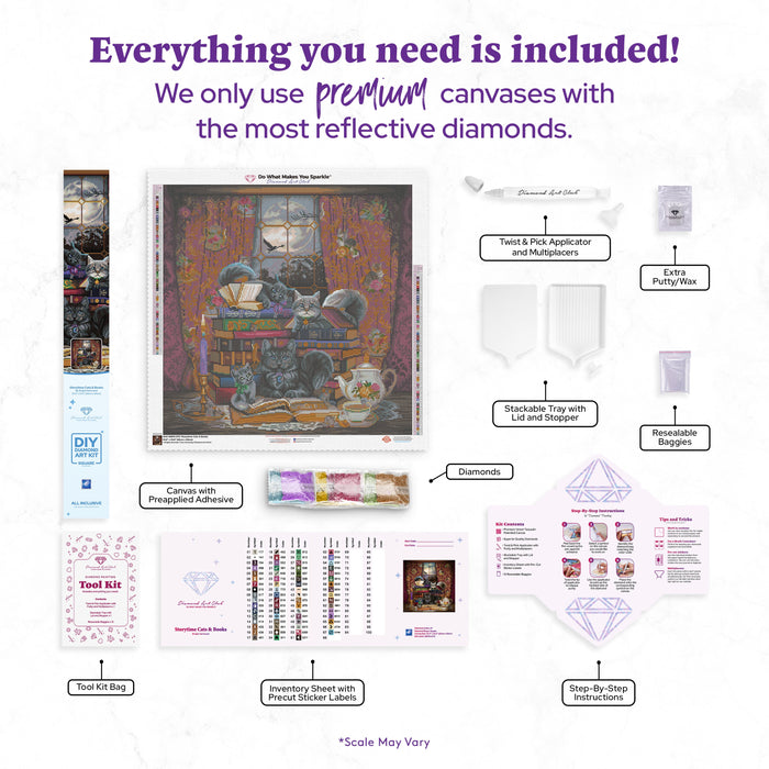 Diamond Painting Storytime Cats & Books 25.6" x 25.6" (65cm x 65cm) / Square With 67 Colors Including 2 ABs and 1 Electro Diamond and 2 Fairy Dust Diamonds / 68,121