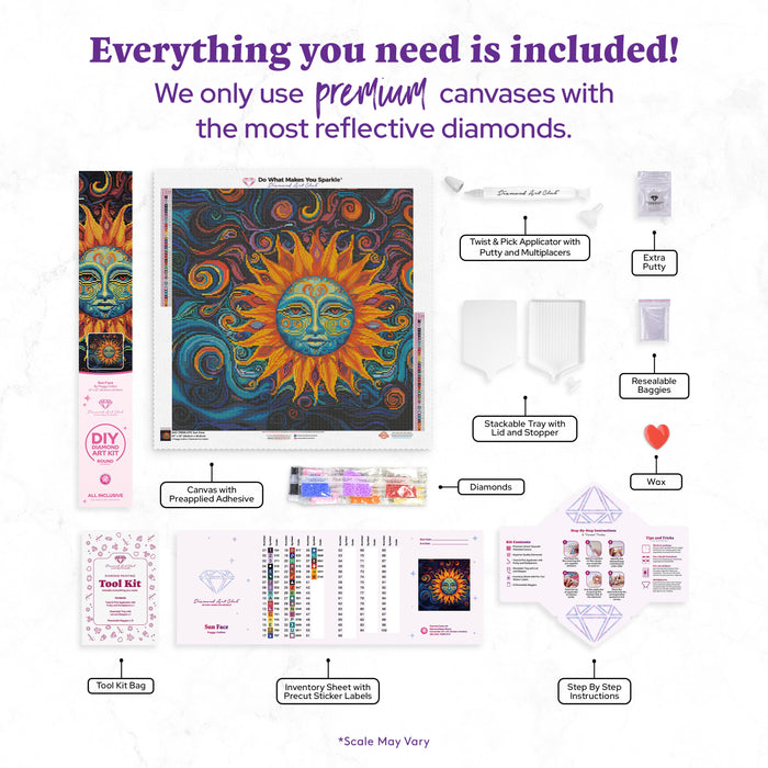 Diamond Painting Sun Face 22" x 22" (55.6cm x 55.6cm) / Round with 40 Colors including 2 ABs and 1 Fairy Dust Diamond / 40,804