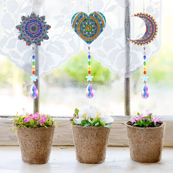 Diamond Painting Suncatchers - Moon/Heart/Mandala 4" x 4" (10cm x 10cm) / Round with 9 Colors including 9 Iridescent Diamonds / 5,089