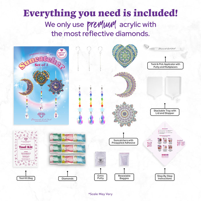 Diamond Painting Suncatchers - Moon/Heart/Mandala 4" x 4" (10cm x 10cm) / Round with 9 Colors including 9 Iridescent Diamonds / 5,089