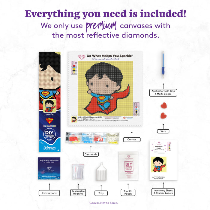 Diamond Painting Superman Chibi 9" x 9" (22.7cm x 22.7cm) / Round With 6 Colors including 2 AB Diamonds / 6,561