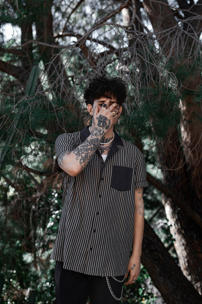 mens striped goth button down collar shirt