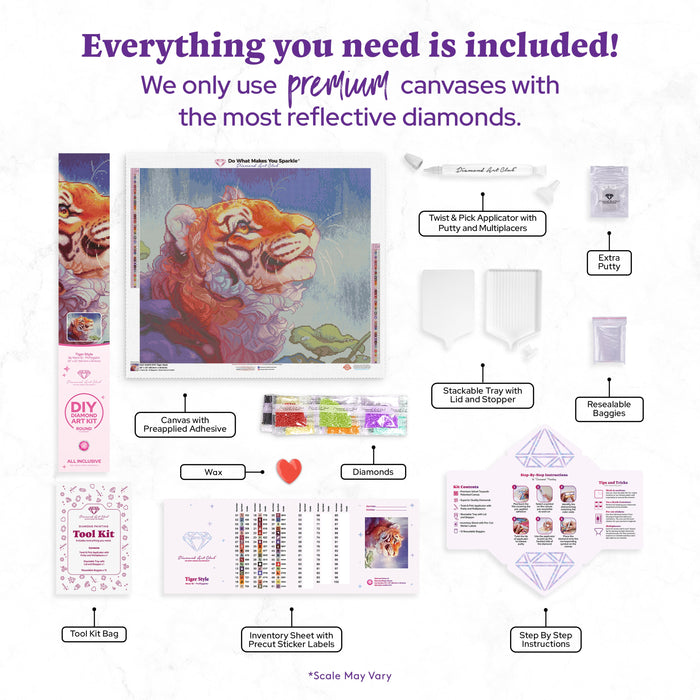 Diamond Painting Tiger Style 26" x 22" (66cm x 55.6cm) / Round With 51 Colors Including 3 ABs and 4 Fairy Dust Diamonds / 48,480