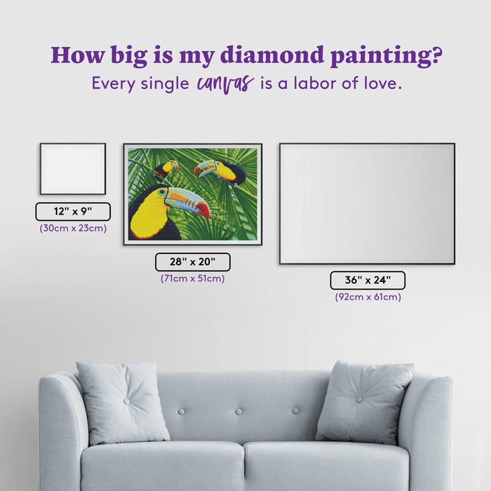 Diamond Painting Toucan Threesome 28″ x 20" (71cm x 51cm) / Round with 30 Colors including 1 AB / 45,360
