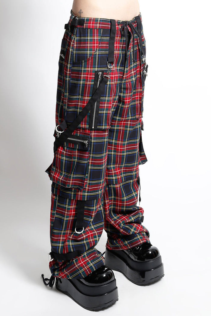 adjustable plaid tripp NYC jeans with straps and metal hardware