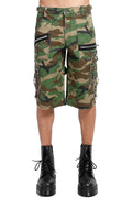 Camouflage shorts with zippers and studs on a white background