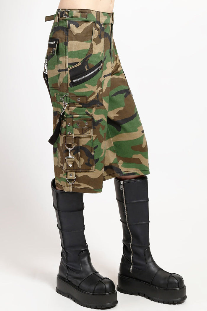 unisex Camouflage shorts with black boots on a white background by tripp NYC