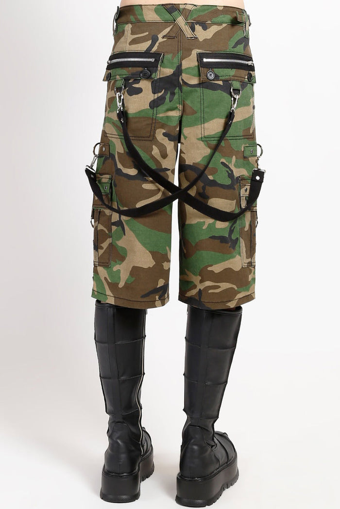 tripp NYC punk Camouflage shorts with black boots on a white background