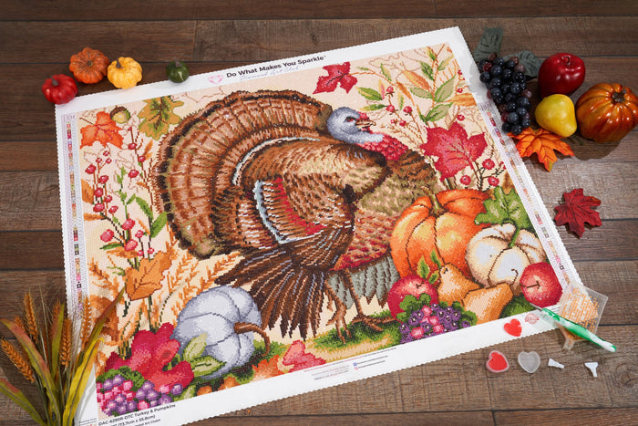 Diamond Painting Turkey & Pumpkins 29" x 22" (73.7cm x 55.8cm) / Round With 59 Colors Including 3 ABs and 2 Fairy Dust Diamonds / 52,337