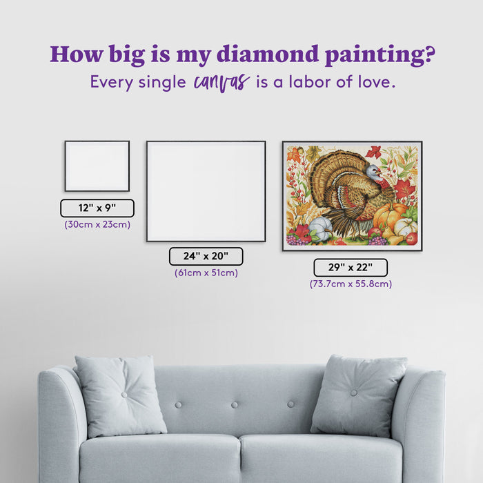 Diamond Painting Turkey & Pumpkins 29" x 22" (73.7cm x 55.8cm) / Round With 59 Colors Including 3 ABs and 2 Fairy Dust Diamonds / 52,337