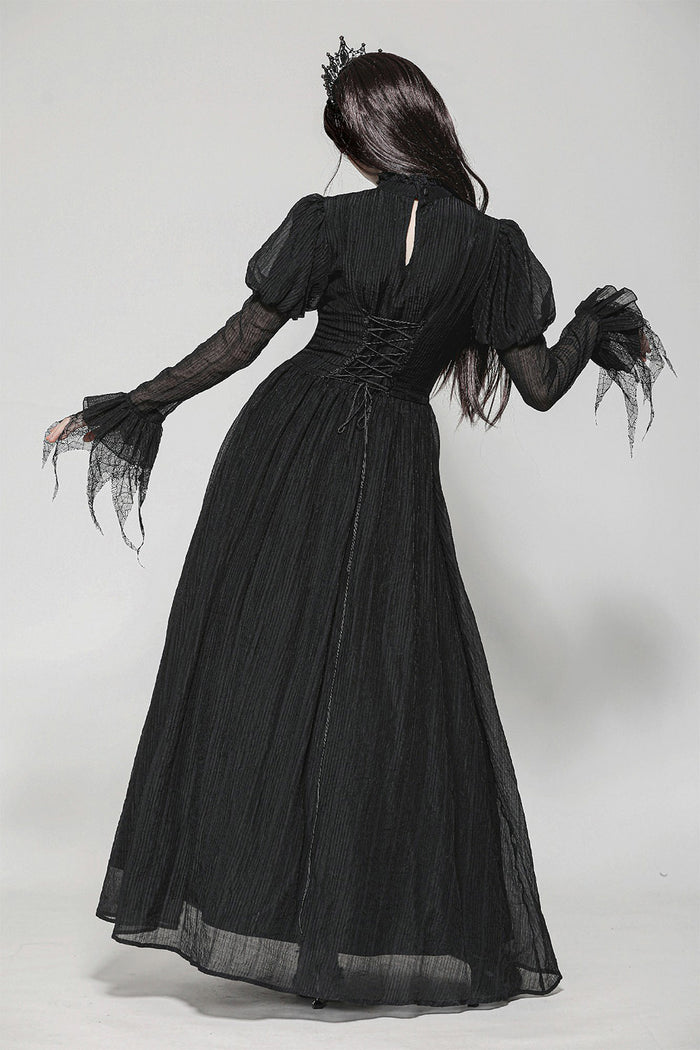 womens black puffed shoulder gothic long maxi dress