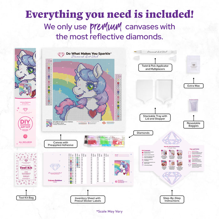 Diamond Painting Unicorn Rainbow 9" x 9" (23cm x 23cm) / Round With 24 Colors Including 2 ABs / 6,724