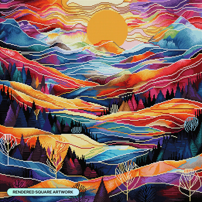 Diamond Painting Valley Sunset 25.6" x 25.6" (65cm x 65cm) / Square with 70 Colors including 3 ABs and 1 Iridescent Diamond and 4 Fairy Dust Diamonds / 68,121
