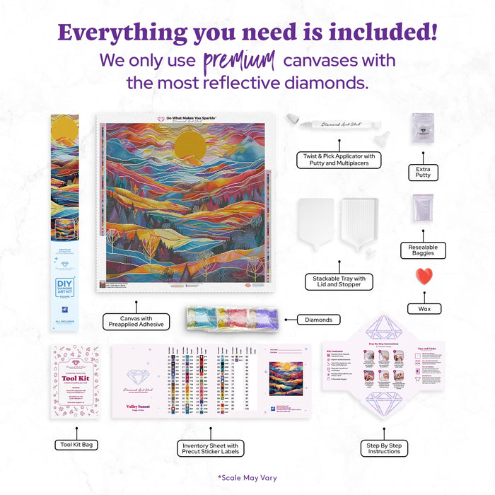 Diamond Painting Valley Sunset 25.6" x 25.6" (65cm x 65cm) / Square with 70 Colors including 3 ABs and 1 Iridescent Diamond and 4 Fairy Dust Diamonds / 68,121