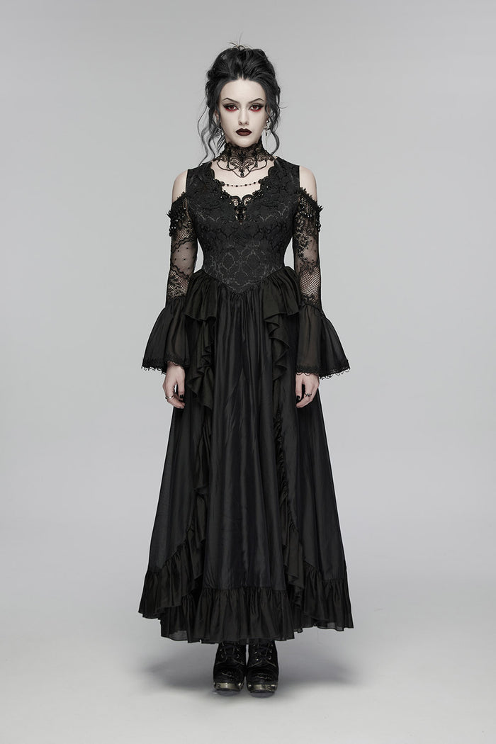 long layered black romantic flared cuff off shoulder lace dress