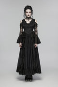 long layered black romantic flared cuff off shoulder lace dress