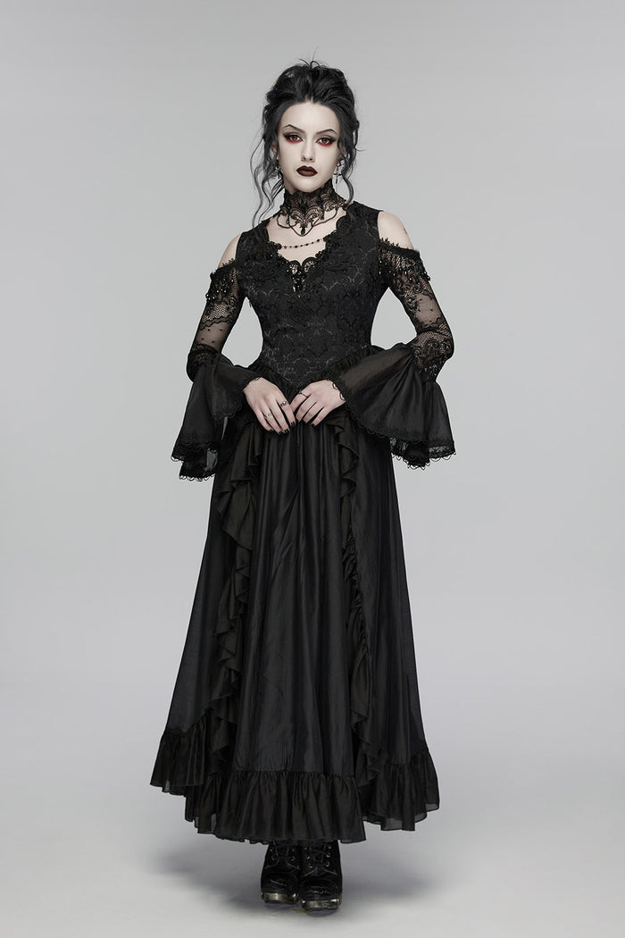 lace-up long layered black romantic flared cuff off shoulder lace dress