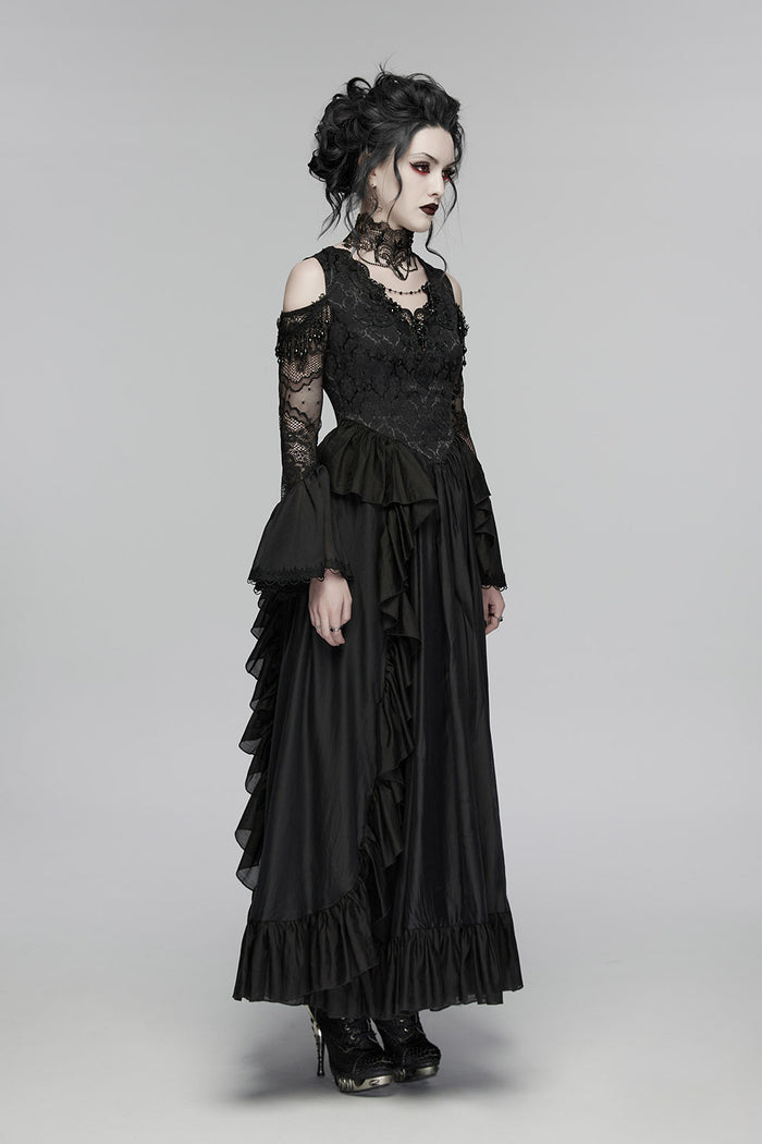 maxi long layered black romantic flared cuff off shoulder lace dress