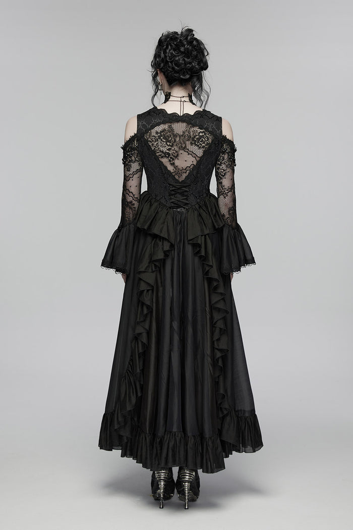 beaded long layered black romantic flared cuff off shoulder lace dress
