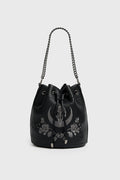 Black bucket bag with floral and skull embroidery on a white background