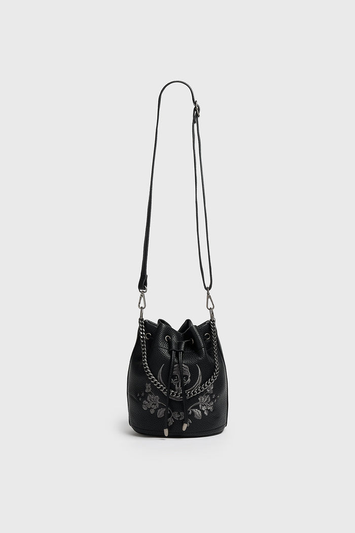 black vegan leather embroidered dark cottagecore bucket bag purse