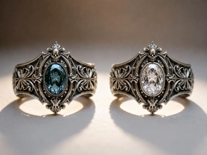 Victorian memento mori skull ring with white topaz — moonlit alternative wedding ring in sterling silver